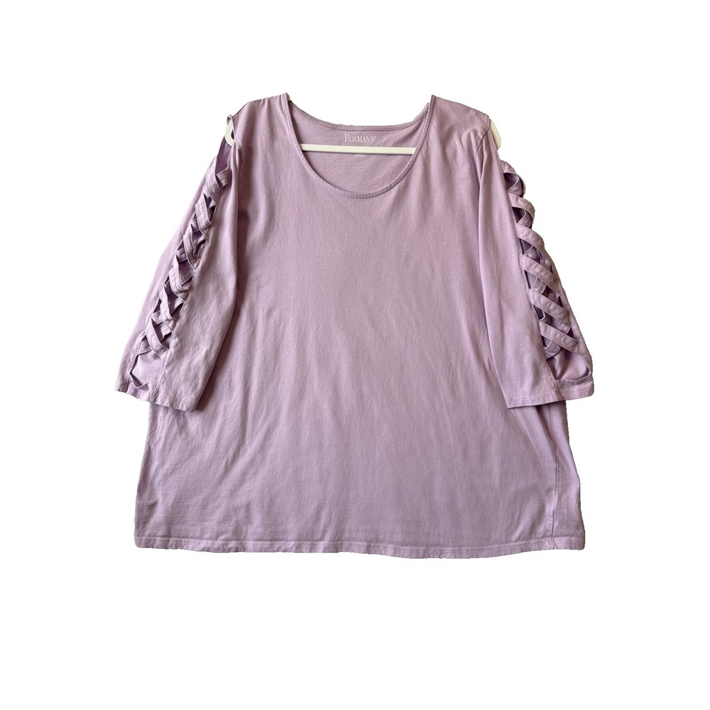 Roaman's Lavender Cutout Criss Cross Lattice Sleeve T Shirt Top 1X Resort Pastel